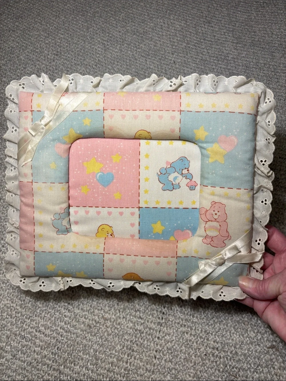 Vintage 1980’s Care Bears Padded Photo Frame Patchwork Pastel Lace Trim Cottage